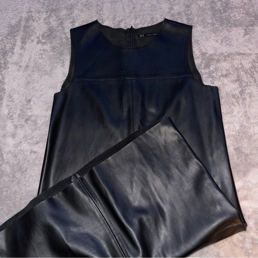 Black Zara Basic Elegant Midi Sleeveless Leather Dress - Picture 6 of 11